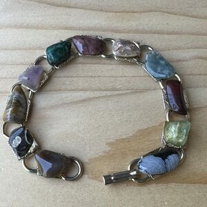 VTG Accent Link Artisan Bracelet Size 7 Multicolor Polished Stones Goldtone Boho
